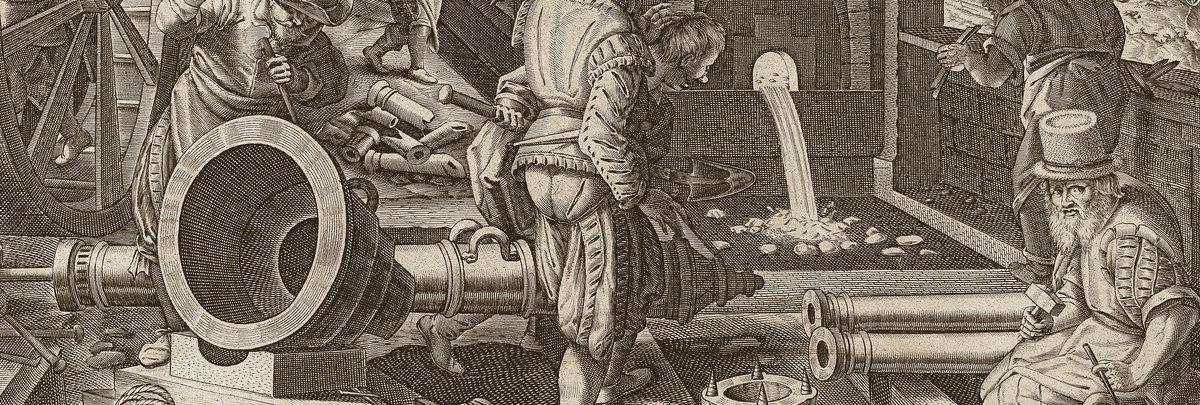 A sixteenth-century gun-founders’ workshop: bored cannon on carriages, founders at the melt, a bombardment seen through the arch; plate three of the Nova Reperta, inscribed Pulvis Pyrius, engraved by Theodor Galle after Stradanus. National Gallery of Art, Washington.