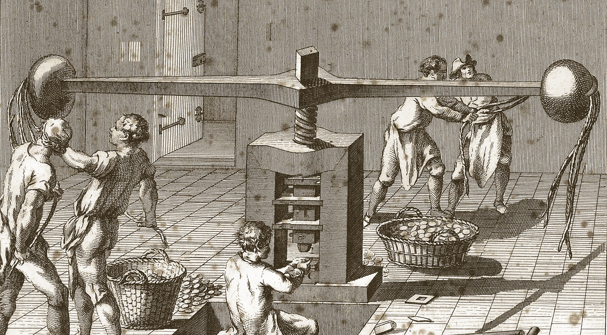 The balancier, an eighteenth-century French screw press for striking coin, worked by men at a great weighted lever; an engraving from the Encyclopédie’s Monnayage plates, drawn by Lucotte and engraved by Robert Bénard. Musée Carnavalet, Paris.