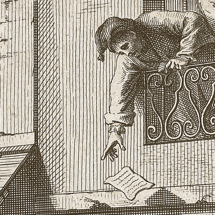 A man at a balcony’s ironwork balustrade letting a share sheet fall to the crowd below, the paper fluttering, a detail of the essay’s cover engraving; Rue Quinquempoix en l’année 1720, drawn and engraved by Antoine Humblot, published at Paris in 1720. Rijksmuseum.