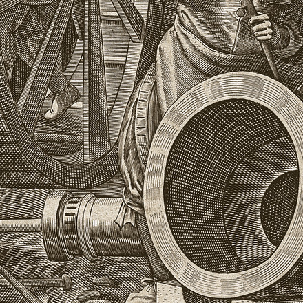The bored muzzle of a great cannon in the gun-founders' workshop, a detail of the essay's cover engraving; plate three of the Nova Reperta, inscribed Pulvis Pyrius, engraved by Theodor Galle after Stradanus. National Gallery of Art, Washington.