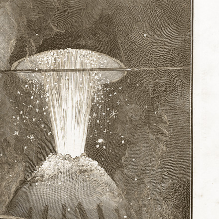 A Bessemer converter in full blast, its spark fountain rising over the slag mound, a detail of the essay's cover engraving; Making Bessemer Steel at Pittsburgh, drawn by Charles Graham for Harper's Weekly, April 10, 1886. Library of Congress.