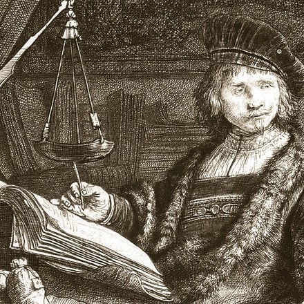 The receiver-general in his fur cap writing in a great account book, the assayer’s balance hanging beside him, a detail of the essay’s cover engraving; Rembrandt’s Gold Weigher, his 1639 etching of Jan Uytenbogaert at Amsterdam. The Metropolitan Museum of Art.