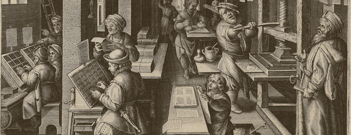 A sixteenth-century printing shop at full work: compositors at their cases, proof-readers at their table, the puller at the press, printed sheets hung to dry; Impressio Librorum, plate four of the Nova Reperta, engraved by Jan Collaert the First after Stradanus, about 1600. The Metropolitan Museum of Art.