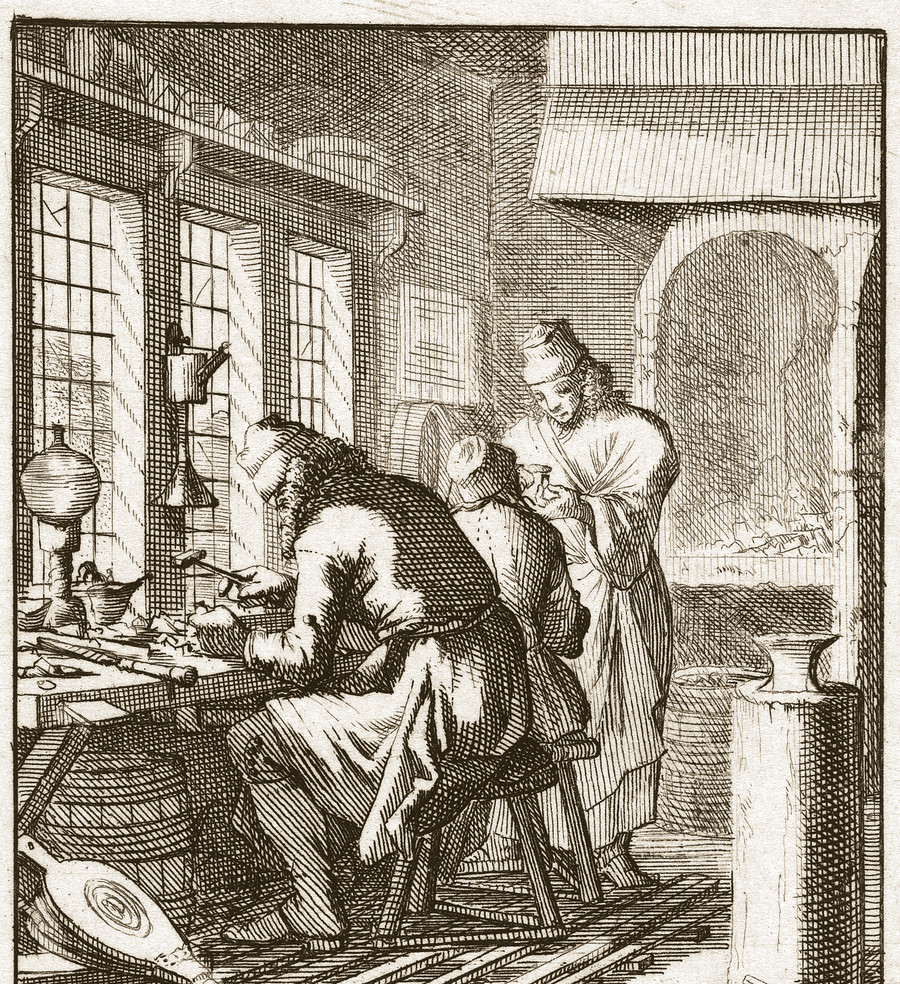 De Goudsmit, The Goldsmith: the goldsmith working at his bench, the forge glowing behind him; an etching by Jan and Caspar Luyken from the Book of Trades, Amsterdam, 1694. Rijksmuseum.