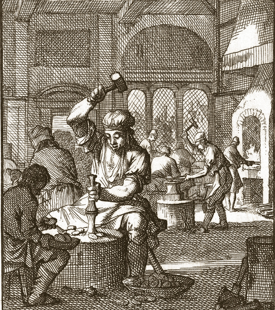 De Munter, The Minter: a coiner at his block striking coin by hand, the furnace behind him; an etching by Jan and Caspar Luyken from the Book of Trades, Amsterdam, 1694. Rijksmuseum.