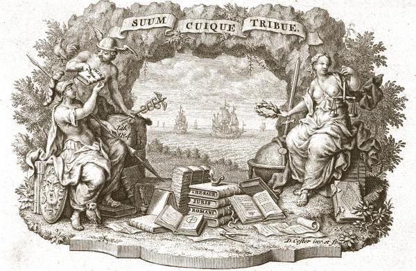 An engraved vignette of the early eighteenth century: Mercury and Minerva at the left, blindfolded Justice with her scales at the right, merchant ships between them, account books and papers at their feet, beneath a banner reading SUUM CUIQUE TRIBUE, render to each his own. Rijksmuseum.